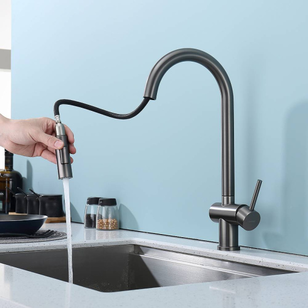 Смеситель для кухни/мойки Splenka S204.49.09 однорычажный, поворотный/выдвижной излив, керамический, высота 237 мм, длина 206 мм, нержавеющая сталь, цвет графит