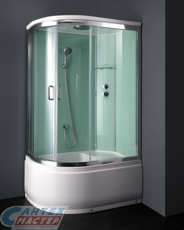 Душевая кабина 80х120х220 см Orion R, BandHours (правая) поддон высокий, полукруглая, угловая, без гидромассажа, с сиденьем, с верхним душем, смеситель, профиль хром , прозрачное стекло, белая, закрытая