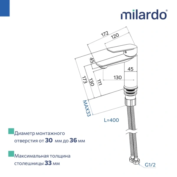 Смеситель для раковины Milardo Poli однорычажный, излив короткий, длина 130 мм, керамический, ABS-пластик, цвет хром, без донного клапана POLSB00M01