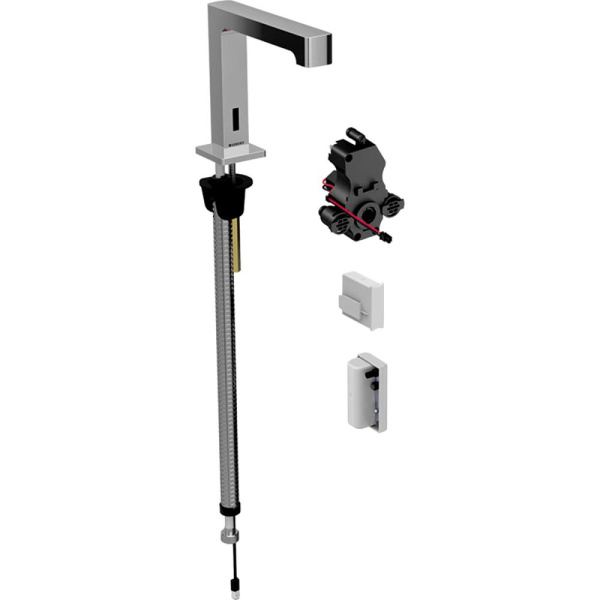 Смеситель для раковины/умывальника Geberit Brenta, бесконтактный/сенсорный, неповоротный, вертикальный монтаж, питание от генератора, с функциональным блоком для скрытого монтажа, с миксером, длина излива 153 мм, латунь, цвет хром