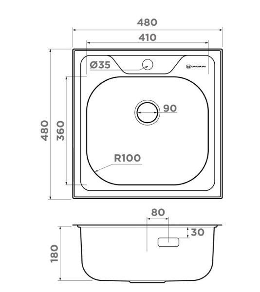 Мойка кухонная Omoikiri Saru 48-IN, 48х48 см, врезная, из нержавеющей стали, квадратная, цвет нержавеющая сталь, с отверстием под смеситель, без крыла, слив-перелив, врезная в столещницу, для кухни