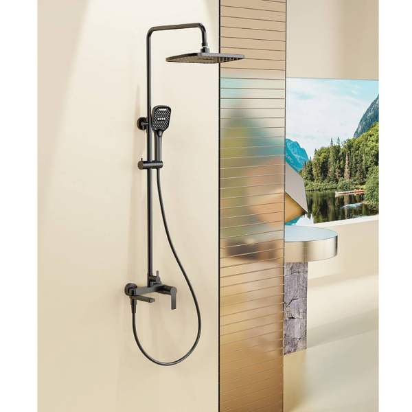 Душевая система Splenka S06.24.06 высота 770-1425 мм цвет черный, комплект: однорычажный смеситель/излив/тропический душ прямоугольный (с верхней лейкой)/лейка/стойка/шланг, латунь