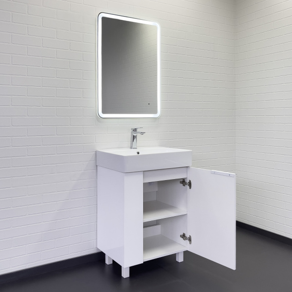 Тумба с раковиной Comforty Асти-60Н размер 60х86х45,5 см напольная, 1 распашная дверца, ЛДСП/МДФ, прямоугольная, цвет- белый глянец/раковина Comforty CF3WL032 прямоугольная, цвет белый, встраиваемая