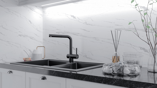 Смеситель для кухни/мойки Paulmark Dosse, однорычажный, поворотный, керамический картридж, высокий, выдвижной излив, длина излива 202 мм, нержавеющая сталь, цвет антрацит