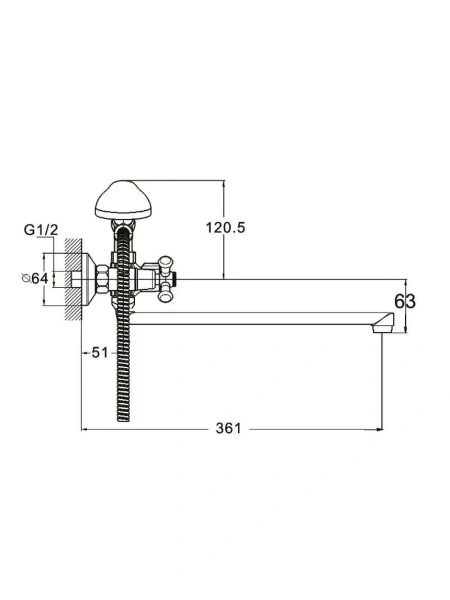 Смеситель для ванны/душа G-lauf QMT7-B722 двухвентильный, керамический, настенный, излив поворотный 361 мм, с гибким шлангом, душем/лейкой, цинк, цвет хром