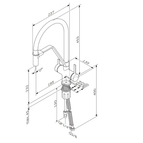 Смеситель для кухни/мойки AM.PM Func высокий, С-излив, гибкий, однорычажный, с каналом для питьевой воды, поворотный, керамический, длина излива 195 мм, нержавеющая сталь/цинк/латунь/силикон, цвет черный/сатин