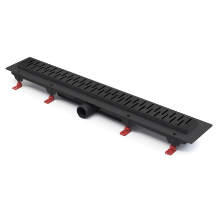 Водоотводящий желоб MCH CH850/50MC Medium 850 мм пристенный, черный, пластиковый с решеткой из нержавеющей стали и боковым сливом, D50 трап линейный для душа в полу, под плитку, сливной