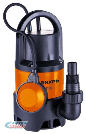 Насос погружной Вихрь ДН-1100, 15.5 м³/ч, напор-10 м, 1.1 кВт  дренажный, с нижним забором (фекальный, канализационный), с поплавком, центробежный, электрический, для откачки чистой, грязной (до 35 мм) воды