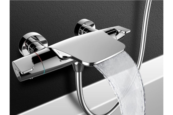 Смеситель для ванны/душа Esko Mikros термостатный, керамический, настенный, каскадный излив, латунь, цвет хром T5054