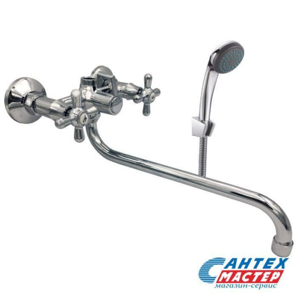 Смеситель для ванны/душа Славен двухвентильный, настенный, излив поворотный 350 мм, с гибким шлангом, душем/лейкой, латунь хром, длинный, универсальный, горизонтальный, вентильный, кран, комплект, сантехника, размер, характеристики