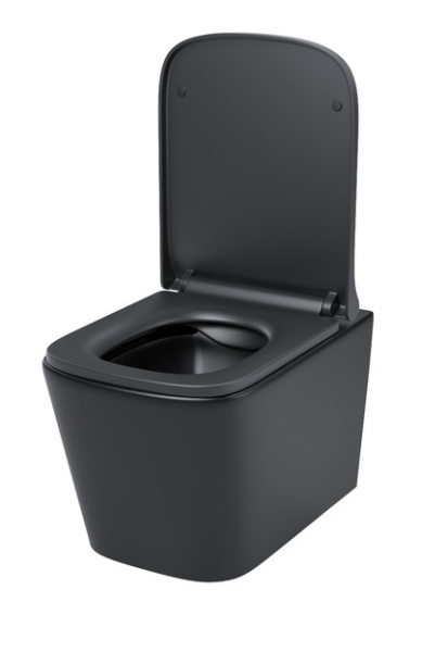 Унитаз подвесной IDDIS Bild, горизонтальный (прямой, в стену) выпуск, безободковый, с быстросьемным сиденьем микролифт, с крышкой (сиденье) дюропласт, цвет: черный матовый