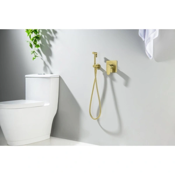Смеситель с гигиеническим душем Aquatek Оберон встраиваемый, однорычажный, керамический, без излива, с гибким шлангом/лейкой, латунь, цвет шлифованное золото
