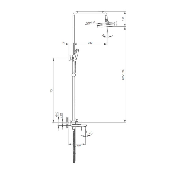 Душевая система Splenka S01.24.06 высота 620-1200 мм цвет черный, комплект: однорычажный смеситель/излив/тропический душ прямоугольный (с верхней лейкой)/лейка/стойка/шланг, латунь