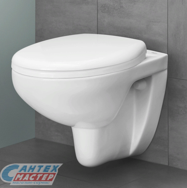 Унитаз подвесной Grohe Bau Ceramic, БЕЛЫЙ, горизонтальный (прямой, в стену) выпуск, с быстросьемным сиденьем микролифт, с крышкой (сиденье) ДЮРОПЛАСТ, безободковый
