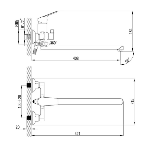 Смеситель для ванны/душа Milardo Nelson однорычажный, керамический, настенный, излив поворотный 408 мм, с гибким шлангом, душем/лейкой, латунь, цвет хром, длинный, универсальный, горизонтальный, рычажный, кран, комплект, сантехника, размер