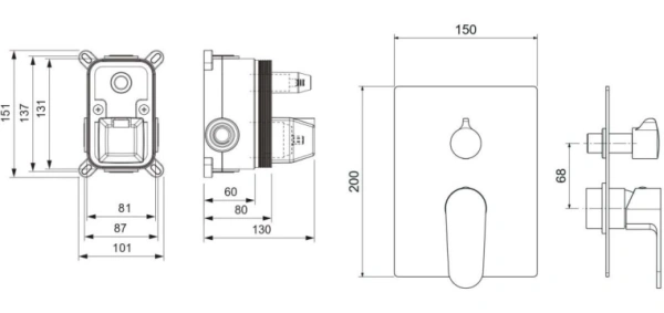Смеситель для ванны/душа Aquatek Оберон настенный, однорычажный, встраиваемый, 2 режима, без излива, латунь, цвет матовый черный