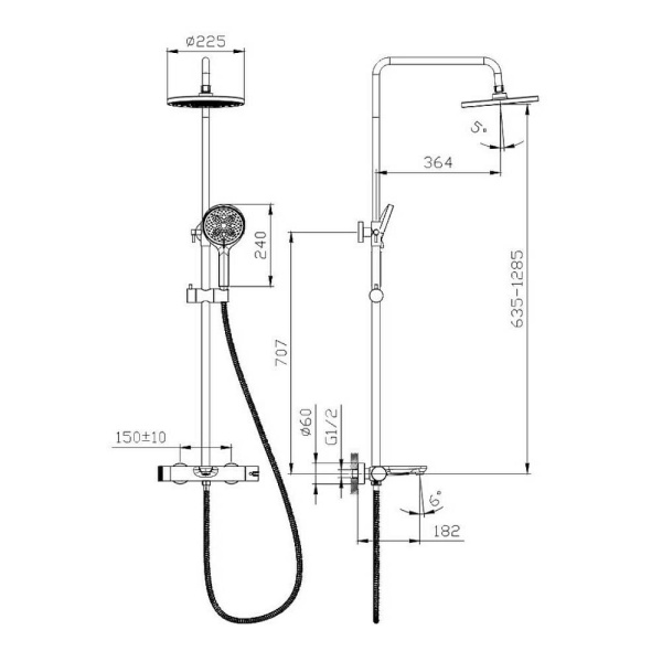 Душевая система Raglo R32.24.09 со смесителем, высота 635-1285 мм цвет графит, комплект: однорычажный смеситель/излив/тропический душ круглый (с верхней лейкой)/лейка/стойка/шланг, латунь