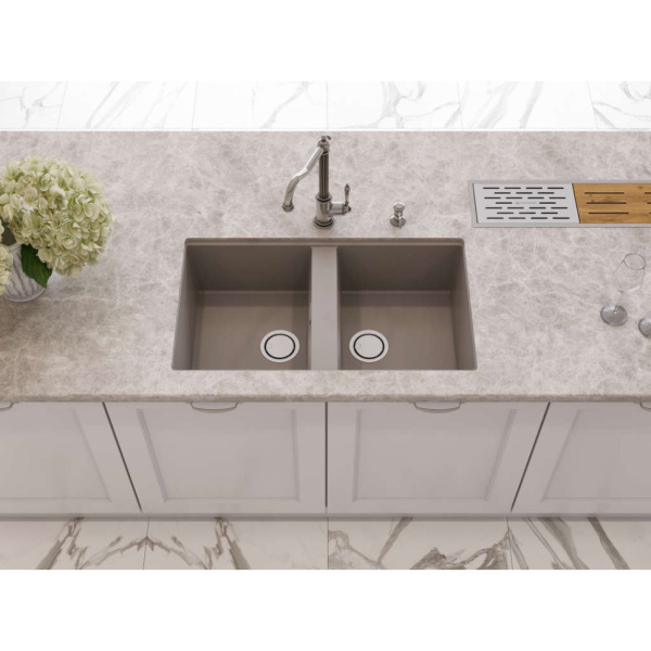 Мойка кухонная Omoikiri Kitagawa 83-2-U-GR, две чаши, 48,8х83,6 см, врезная, из керамики (Artceramic), прямоугольная, цвет ленинградский серый, без отверстия под смеситель, без крыла, слив-перелив, врезная в столещницу, для кухни