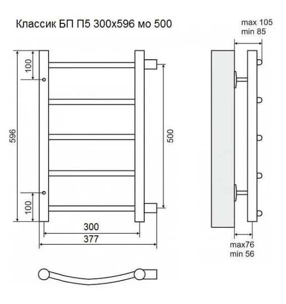 Полотенцесушитель 300х600 Terminus Классик П5 водяной, нержавеющая сталь, боковое подключение, межосевое расстояние 500 мм