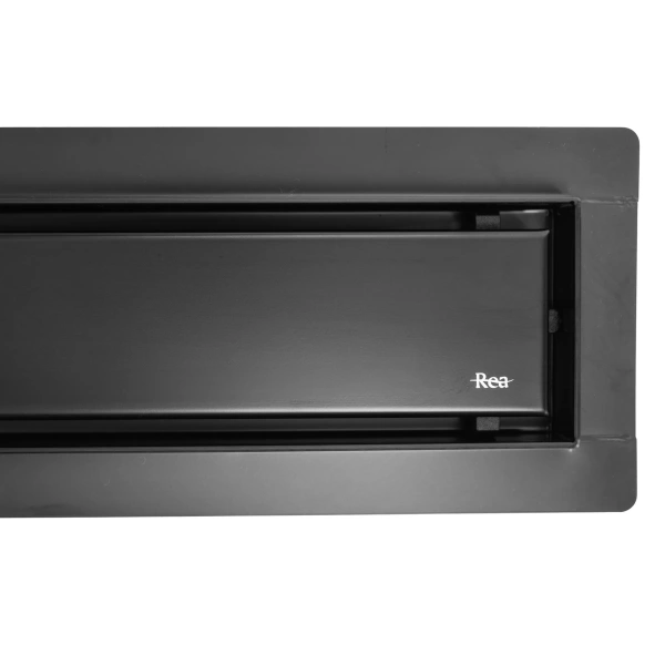 Трап линейный REA NEOX 700 D50, цвет черный матовый, с решеткой, 2 в 1 под плитку, мокрый затвор, горизонтальный выпуск, нержавеющая сталь, прямоугольный