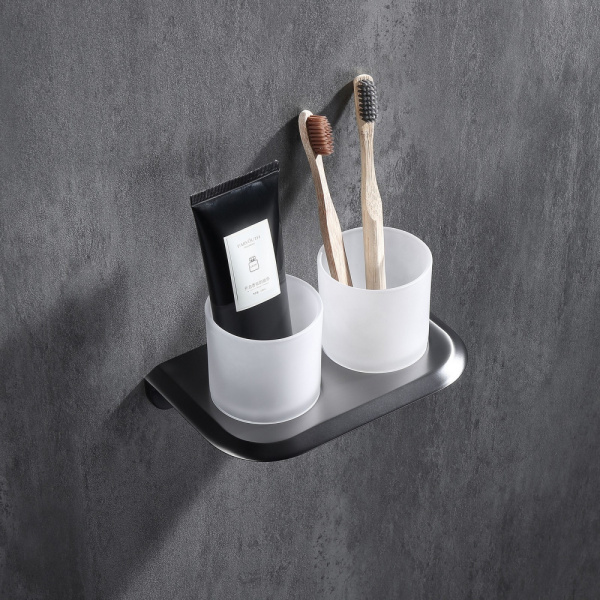 Стакан двойной ABBER Nord для зубных щеток, с держателем, настенный, нержавеющая сталь/стекло, в ванную, цвет матовое стекло/никель AA1557NG