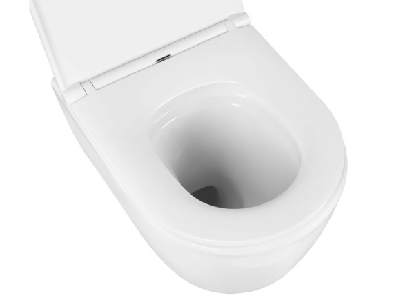 Унитаз подвесной Aquatek Европа белый, горизонтальный (в стену) выпуск, с сиденьем микролифт, дюропласт, безободковый, смыв торнадо, под скрытый бачок