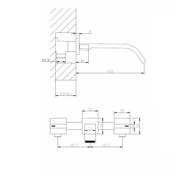 Смеситель для раковины/умывальника ABBER Wasserfall настенный/скрытого монтажа, двухвентильный, неповоротный, длина излива 205 мм, латунь, цвет хром AF8612
