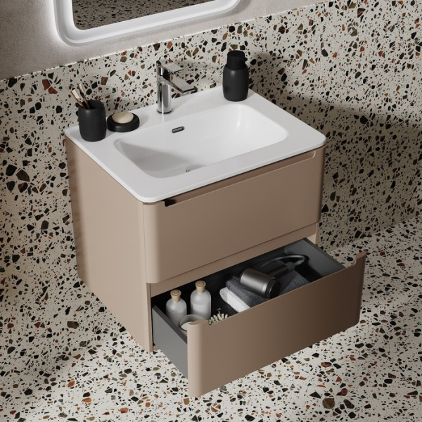 Тумба c раковиной IDDIS Edifice, 602х467х500 мм, подвесная, 2 выдвижных ящика, МДФ/санфарфор, раковина накладная, прямоугольная, отверстие под смеситель, цвет капучино EDI60C0i95K