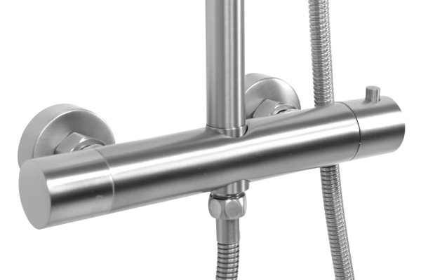 Душевая система REA VINCENT, высота 83,5-123,5 см, цвет никель, комплект: термостатический вентильный смеситель/тропический душ (с верхней лейкой)/стойка/лейка/шланг