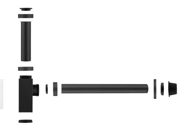 Сифон для раковины Aquatek AQ6013MB бутылочный/квадратный, без выпуска, 1 1/4" горизонтальный/боковой выпуск (в стену), латунь/нержавеющая сталь, цвет матовый черный, для раковины/умывальника