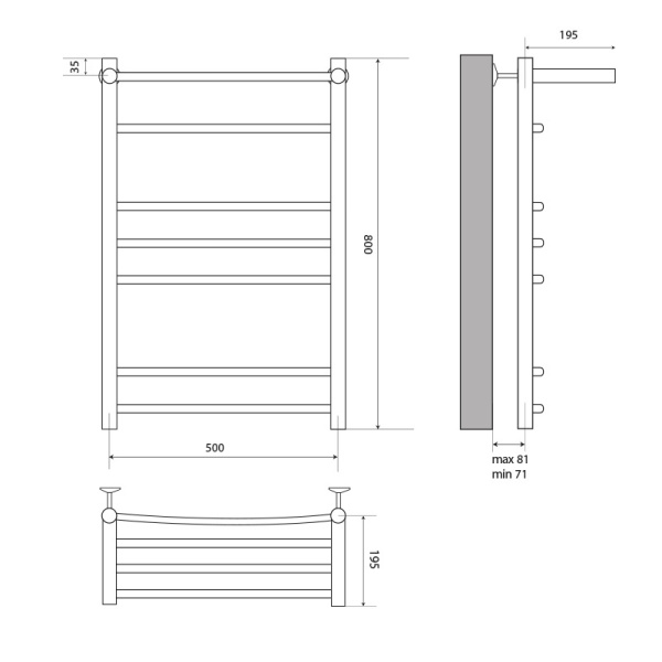 Полотенцесушитель MELODIA Shelf Eco 50*80 П6, нержавеющая сталь, водяной, цвет хром, нижнее подключение MTRSO5080