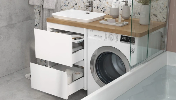 Тумба под столешницу Velvex Klaufs 560-0-2, 558х715х600 мм, подвесная, для стиральной машины, цвет белый, 2 выдвижных ящика/выдвижной органайзер, МДФ, универсальная, в ванную комнату