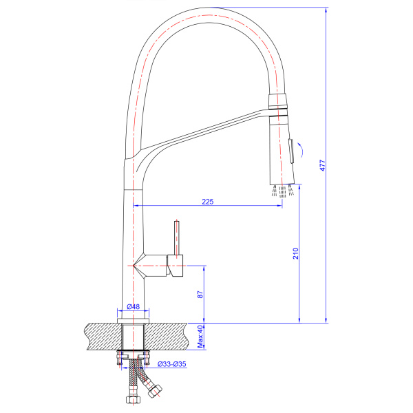 Смеситель для кухни/мойки AQUEDUC однорычажный, поворотный/гибкий, керамический, длина излива 225 мм, высота 210 мм, латунь, цвет хром/черный 345390