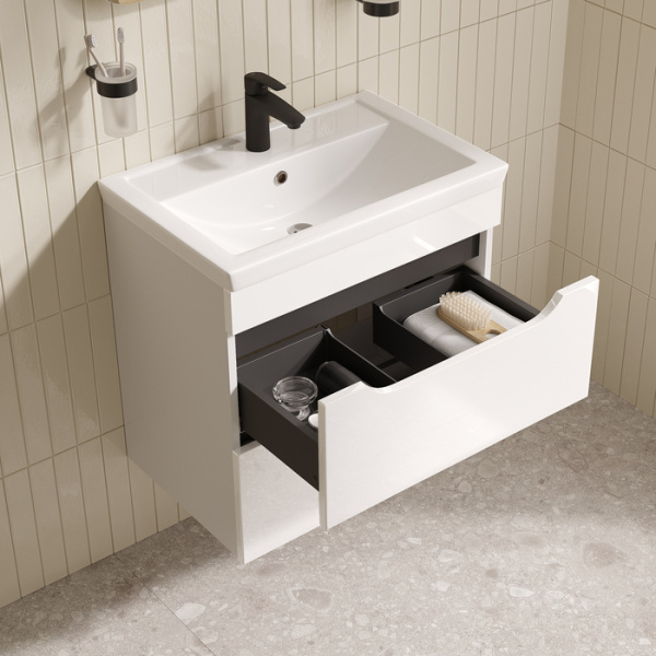 Тумба c раковиной IDDIS Ray, 610х407х610 мм, подвесная, 2 выдвижных ящика, МДФ/санфарфор, раковина накладная, прямоугольная, цвет белый глянцевый, отверстие под смеситель RAY60W0i95K