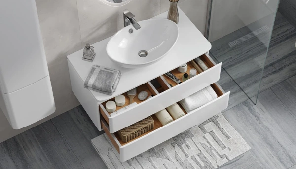 Тумба со столешницей Velvex Luna 100, 1000х520х440 мм, подвесная, цвет белый, 2 выдвижных ящика, подходит раковина Velvex 7027A универсальная, в ванную комнату