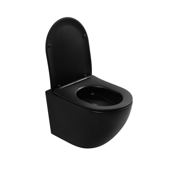 Унитаз подвесной ABBER Bequem 490х355х360 мм цвет черный матовый, горизонтальный (прямой) выпуск, система антивсплеск, смыв торнадо, безободковый, с сиденьем микролифт, дюропласт, под скрытый бачок AC1100TMB