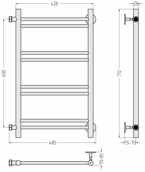 Полотенцесушитель Сунержа Стилье Версия-Б1 600х400, 6 (2+2+2) перекладин, водяной, боковое подключение