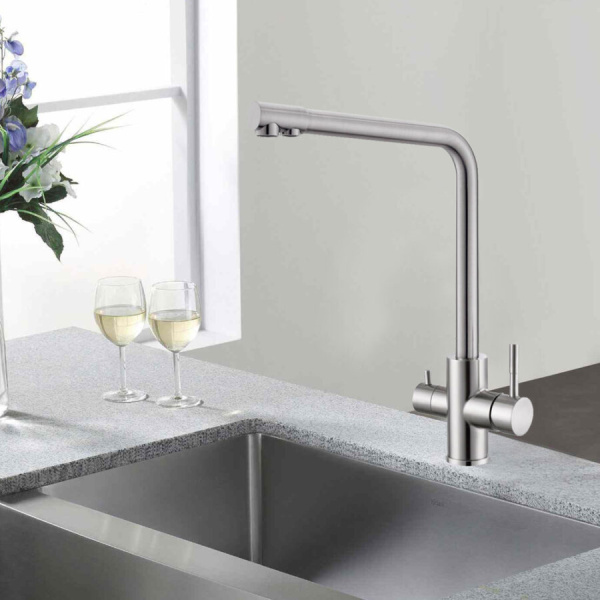 Смеситель для кухни/мойки Wesnaart EKO EKO05-151 двухрычажный, с подключением фильтра, с поворотным изливом, излив 255 мм, нержавеющая сталь, цвет сатин