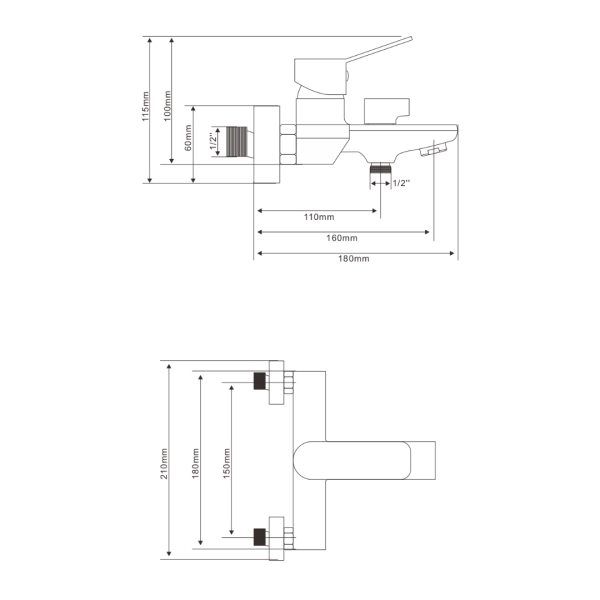 Смеситель для ванны/душа Olives Avia однорычажный, керамический картридж, настенный, излив неповоротный 160 мм, латунь, цвет хром