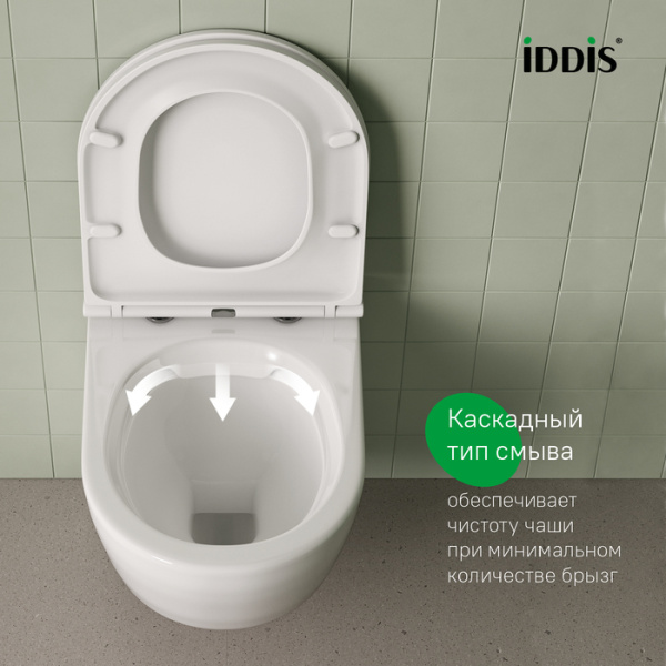 Унитаз подвесной IDDIS Blanco BLARNSEi25, БЕЛЫЙ, горизонтальный (прямой, в стену) выпуск, безободковый, с быстросьемным сиденьем микролифт, с крышкой (сиденье) ДЮРОПЛАСТ BLARNSEi25