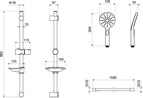 Душевой гарнитур Aquatek Оберон наружного монтажа, высота 652 мм, цвет хром, комплект: стойка/лейка/шланг/мыльница, нержавеющая сталь/пластик