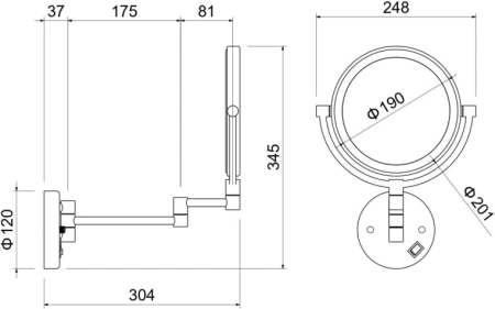 Зеркало Aquatek AQ4912MB косметическое, круглое, настенное, увеличение x 5, с подсветкой, двустороннее, телескопическое, цвет матовый черный, латунь