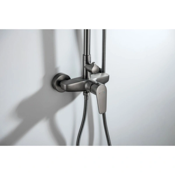 Душевая система Aquatek Бетта 835-1365 мм, цвет оружейная сталь, комплект: смеситель/тропический душ (с верхней лейкой)/лейка/стойка/шланг, нержавеющая сталь/пластик