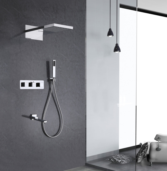 Душевая система ABBER Daheim встраиваемая, цвет хром, комплект: термостатический смеситель/излив/тропический душ (с верхней лейкой)/лейка/шланг, внутренний (скрытый) монтаж AF8253