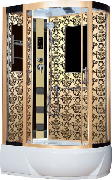 Душевая кабина 80х120х220 см Niagara Lux (левая) поддон низкий, ассиметричная, угловая, стекло прозрачное, заднее с узором, с гидромассажем, с сиденьем, сенсорная, профиль золото, смеситель, белая, закрытая