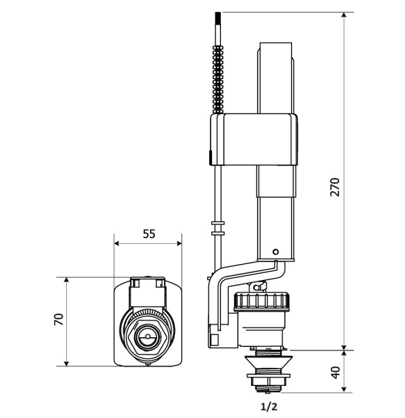 Впускной клапан KK-POL ZND нижний подвод воды 1/2"нр. штуцер пластик, для пластиковых и керамических бачков, заливной механизм