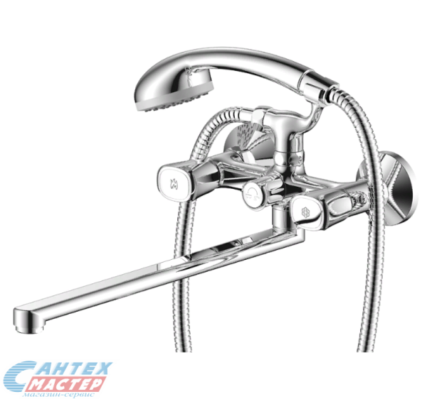 Смеситель для ванны/душа Olives Vasco двухвентильный, керамический, настенный, излив поворотный 350 мм, с гибким шлангом, душем/лейкой, латунь хром, длинный, универсальный, горизонтальный, вентильный, кран, комплект, сантехника, размер