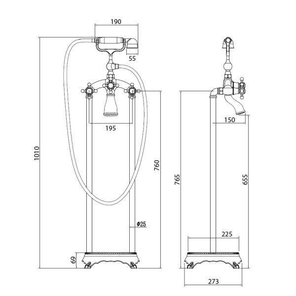Смеситель для ванны/душа ABBER Klassik напольный, двухвентильный, неповоротный, длина излива 150 мм, латунь, цвет золото
