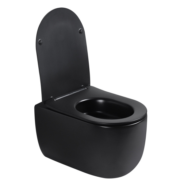 Унитаз подвесной ABBER Bequem 530х360х360 мм цвет черный матовый, горизонтальный (прямой) выпуск, система антивсплеск, смыв торнадо, безободковый, с сиденьем микролифт, дюропласт, под скрытый бачок AC1104TMB