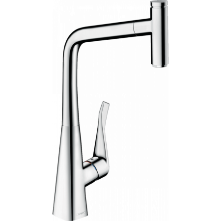Смеситель для кухни/мойки Hansgrohe Metris Select M71 320, однорычажный, поворотный, керамический, с высоким выдвижным/вытяжным изливом, высота излива 33,3 см, латунь, покрытие хром, цвет хром